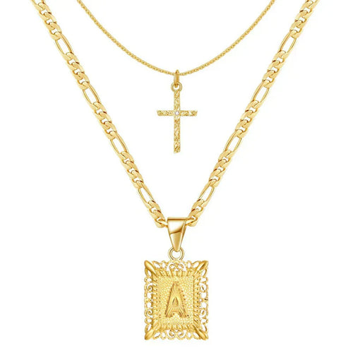 Cross Initial Necklace Set | Gold