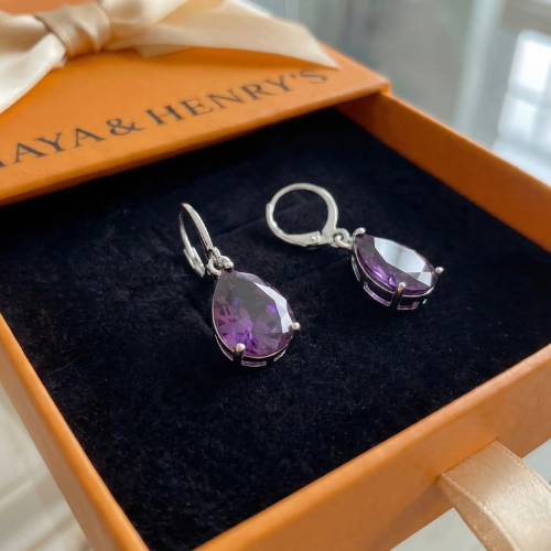 Amethyst Teardrop Earrings | White Gold