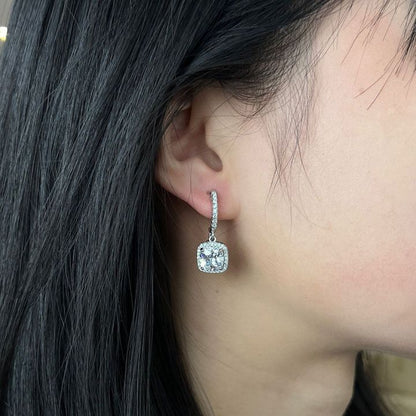 Square Halo Drop Earrings | White Gold